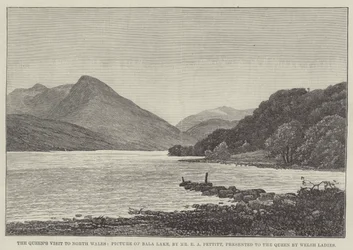 Het bezoek van de koningin aan Noord-Wales, afbeelding van Bala Lake, gepresenteerd aan de koningin door Welshe dames